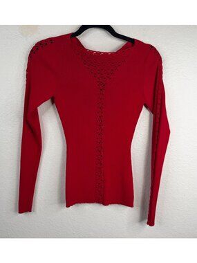 Vtg Cache Top Red Sz L Y2K Crochet Ribbed Vamp Corporate Goth